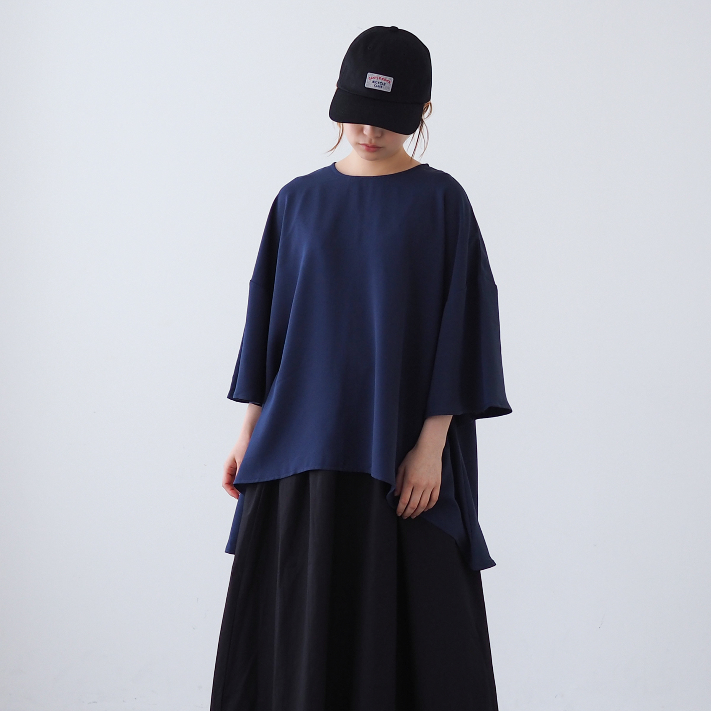 5分袖 フレア オーバーブラウス 秋色ネイビー(半袖シャツ)