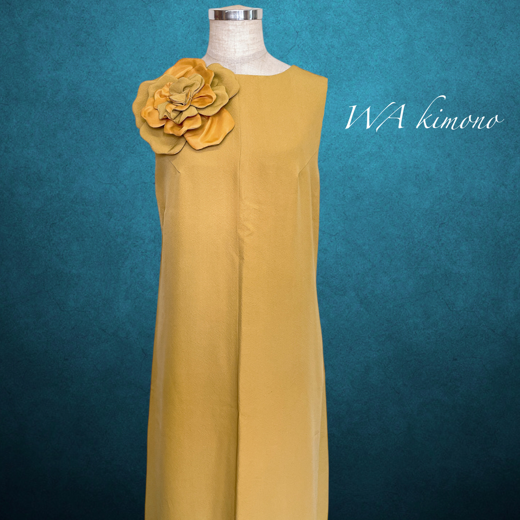 コサージュ付き 縮緬 正絹上質ワンピース 着物リメイク ペンシルライン 演奏会  Mサイズ 辛子色 黄色（N70706） 28,258円