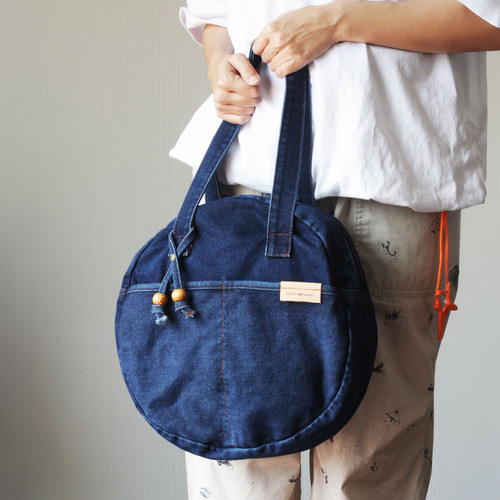 まんまるデニム サークルトート 丸型ボストンバッグ ショルダー 肩掛け
