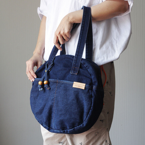 まんまるデニム サークルトート 丸型ボストンバッグ ショルダー 肩掛け
