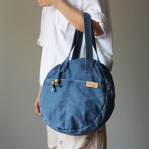 まんまるデニム サークルトート 丸型ボストンバッグ ショルダー 肩掛け