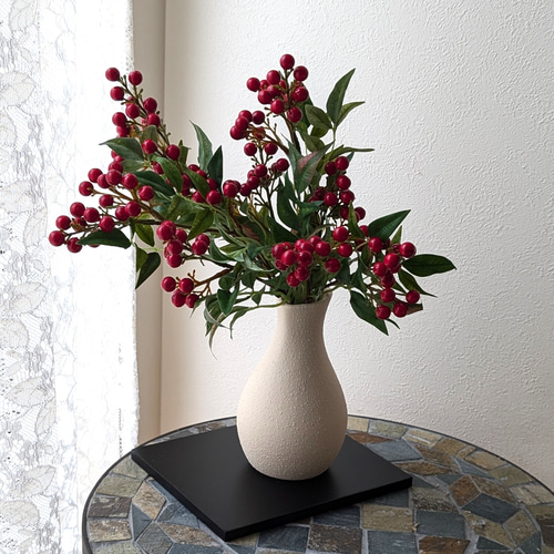 ずっときれい！縁起の良い赤い南天の実＆花瓶＆花台 投げ入れ3点セット