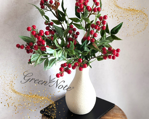 ずっときれい！縁起の良い赤い南天の実＆花瓶＆花台 投げ入れ3点セット