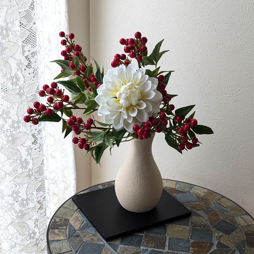 ずっときれい！縁起の良い赤い南天の実＆花瓶＆花台 投げ入れ3点セット