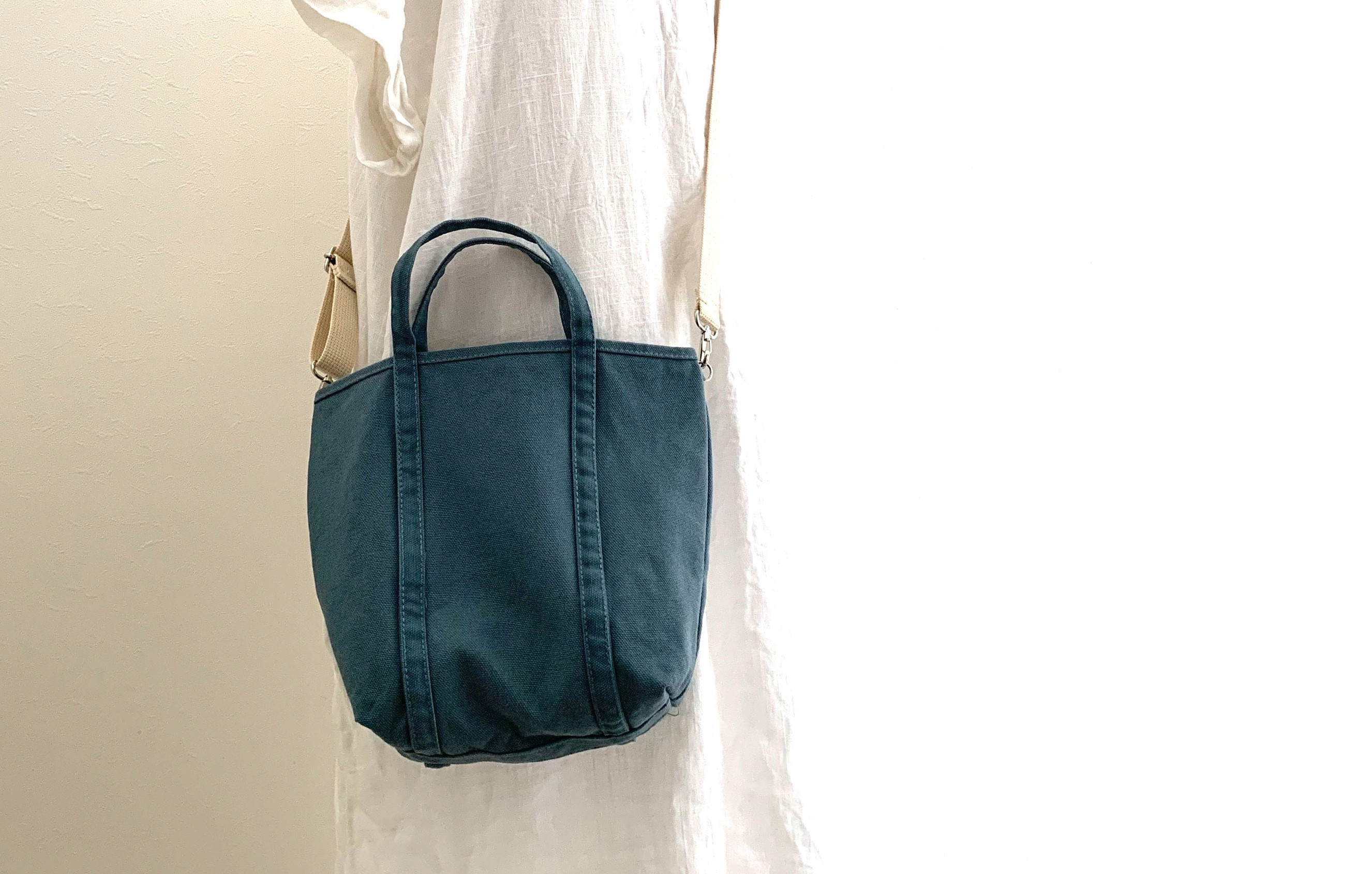 色が選べる「pote」2way ショルダー帆布トート　くすみブルー　(S)