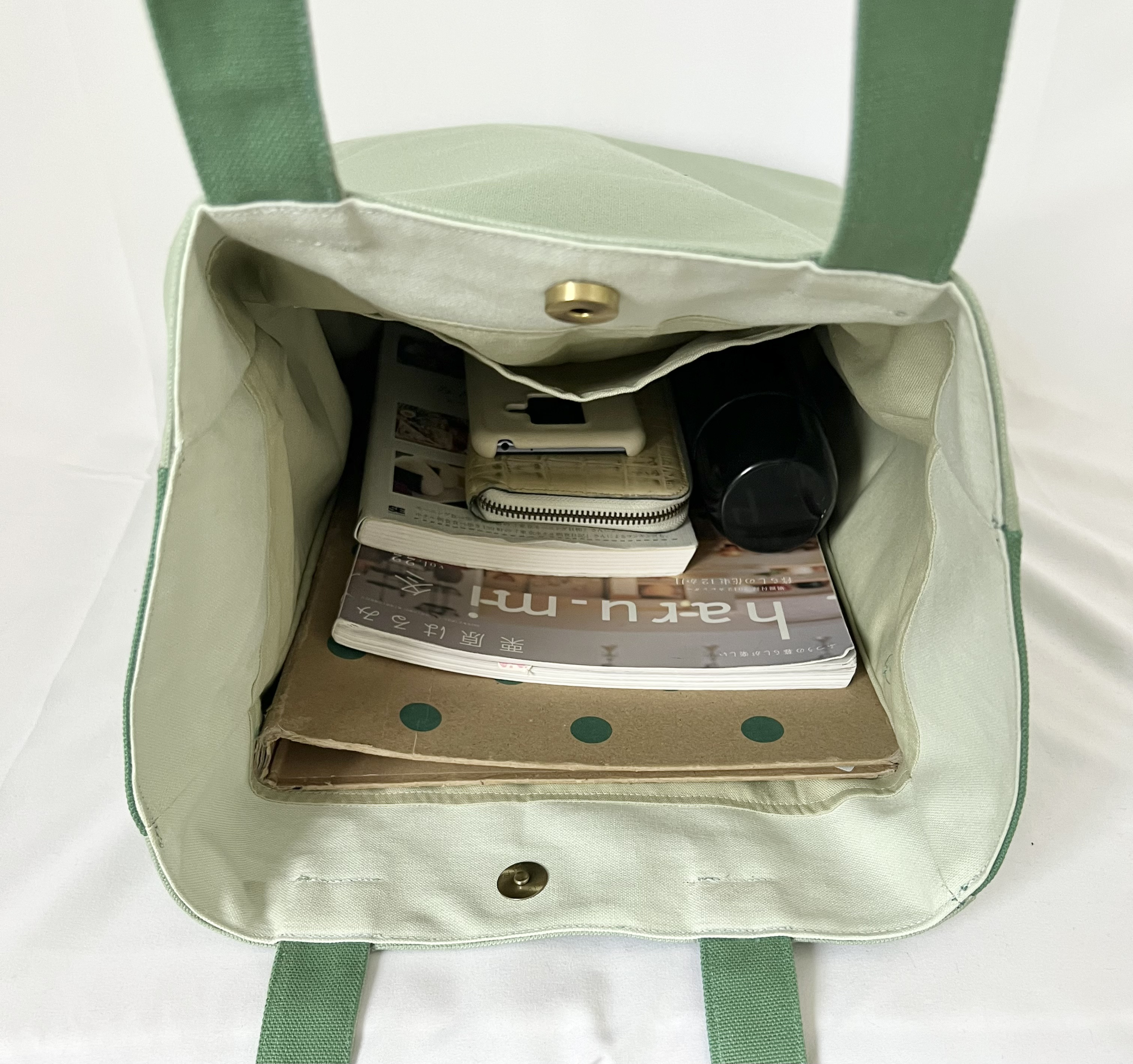 【縦長XLサイズ】スモーキーセラドン＆グリーン　縦長トートバッグ　倉敷帆布使用　大きめバッグ　akaneko