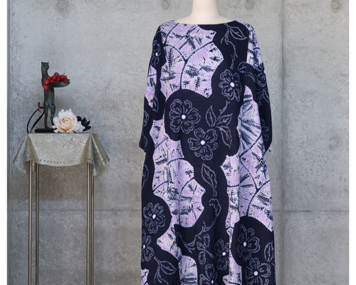 有松絞りのワンピース L〜 フリーサイズ 着物リメイク ワンピース