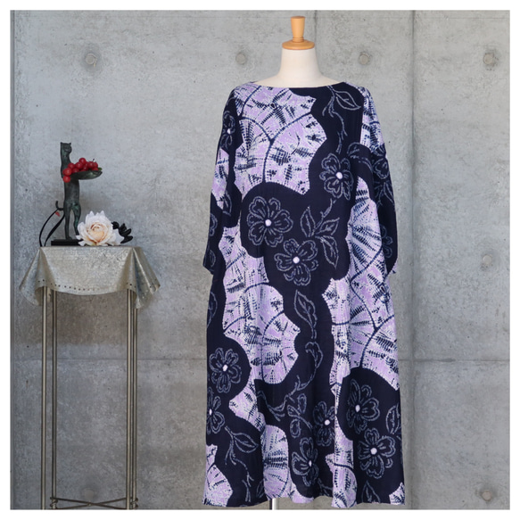 有松絞りのワンピース L〜 フリーサイズ 着物リメイク ワンピース