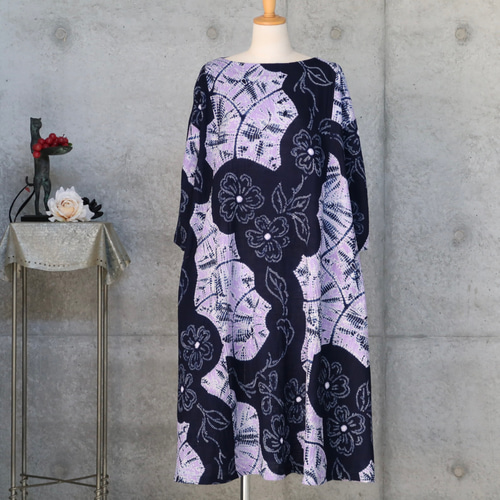 有松絞りのワンピース L〜 フリーサイズ 着物リメイク ワンピース