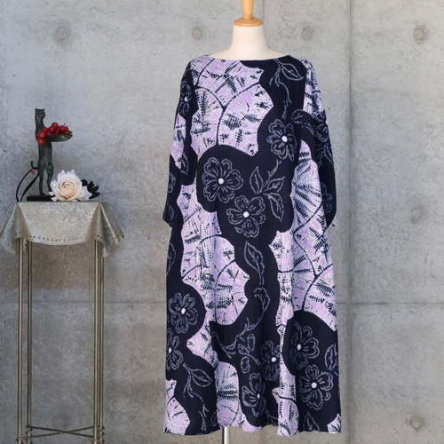 有松絞りのワンピース L〜 フリーサイズ 着物リメイク ワンピース