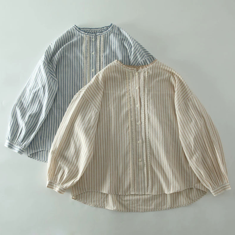 コットン100％ レース 長袖ブラウス チェック