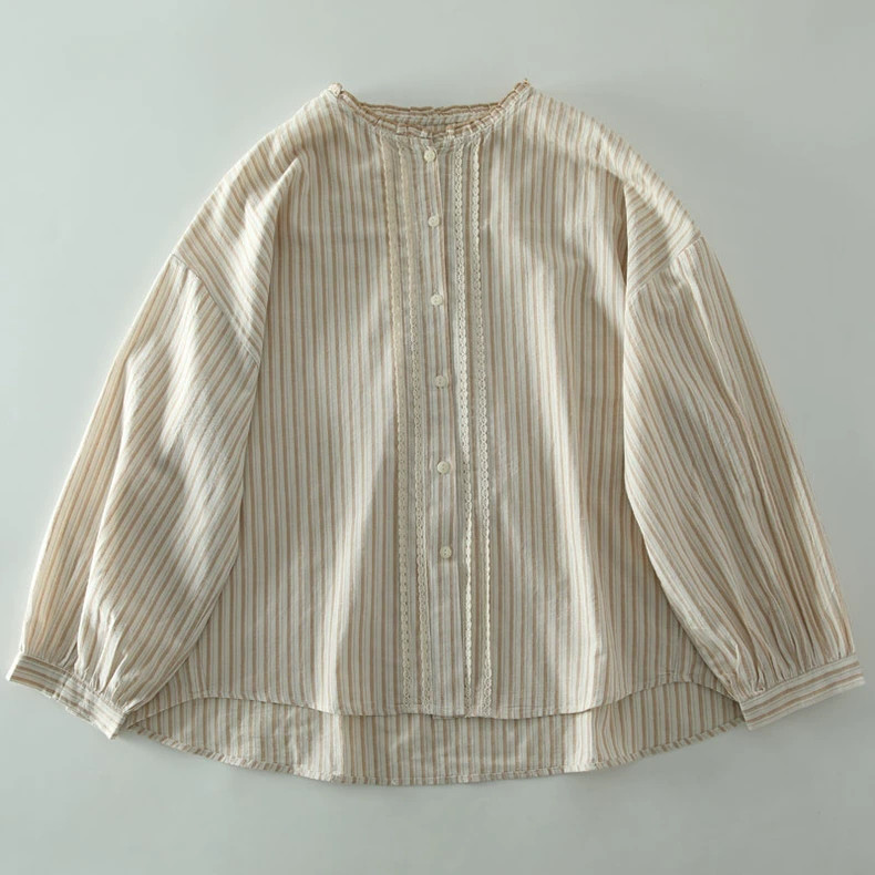 コットン100％ レース 長袖ブラウス チェック