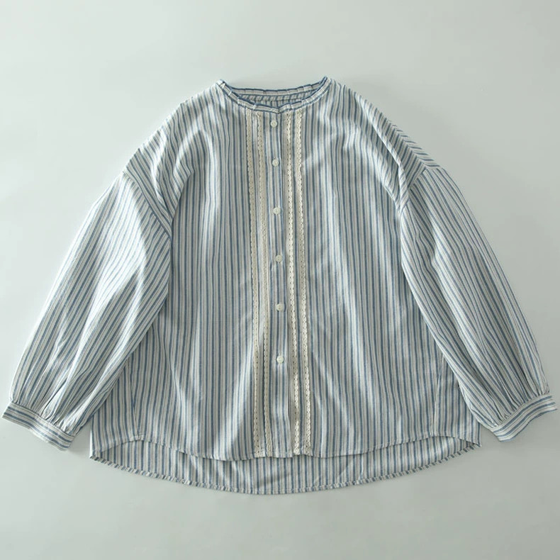 コットン100％ レース 長袖ブラウス チェック