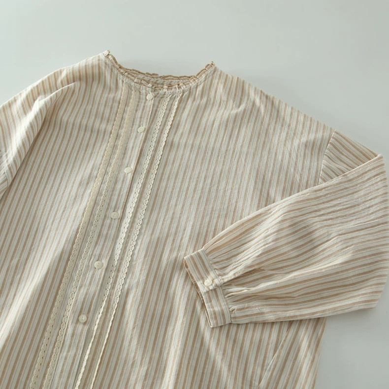 コットン100％ レース 長袖ブラウス チェック