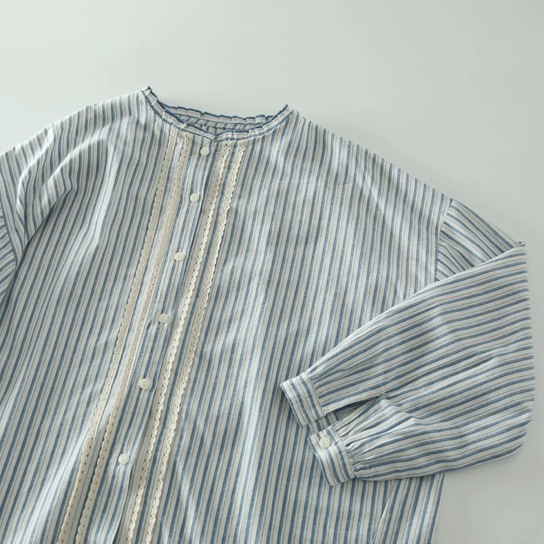 コットン100％ レース 長袖ブラウス チェック