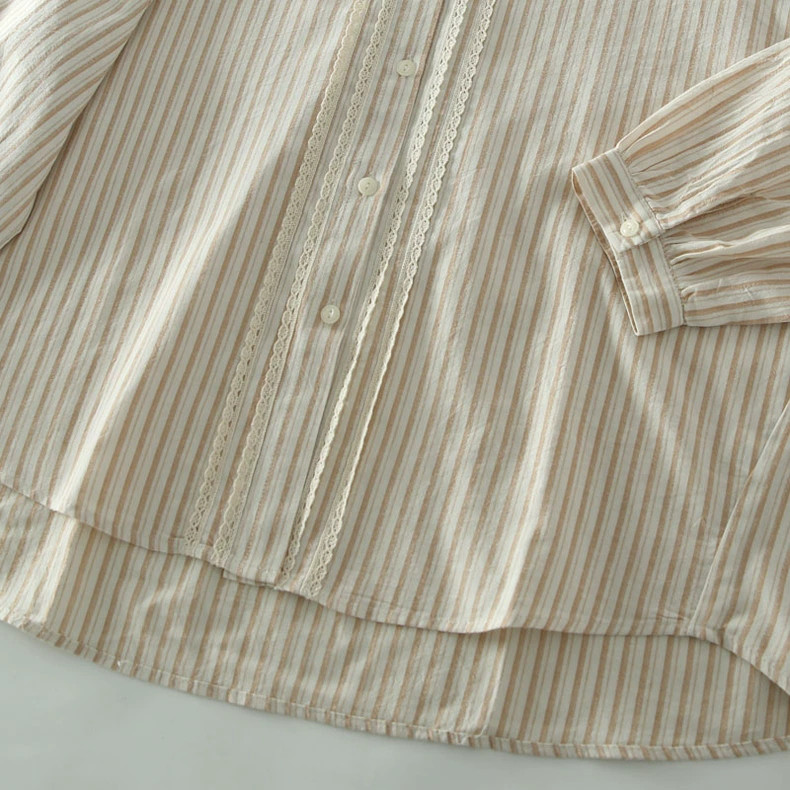 コットン100％ レース 長袖ブラウス チェック