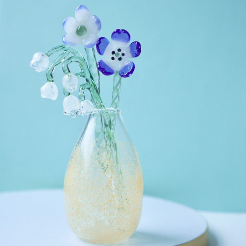 Glass Flower ガラスのお花 黄色の花瓶＋ガラスのお花3本 鈴蘭