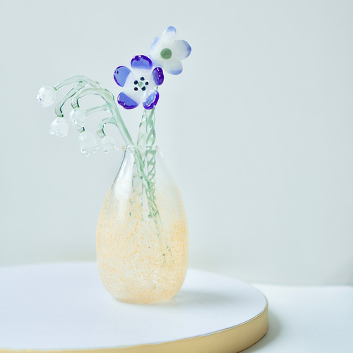 Glass Flower ガラスのお花 黄色の花瓶＋ガラスのお花3本 鈴蘭 青い花