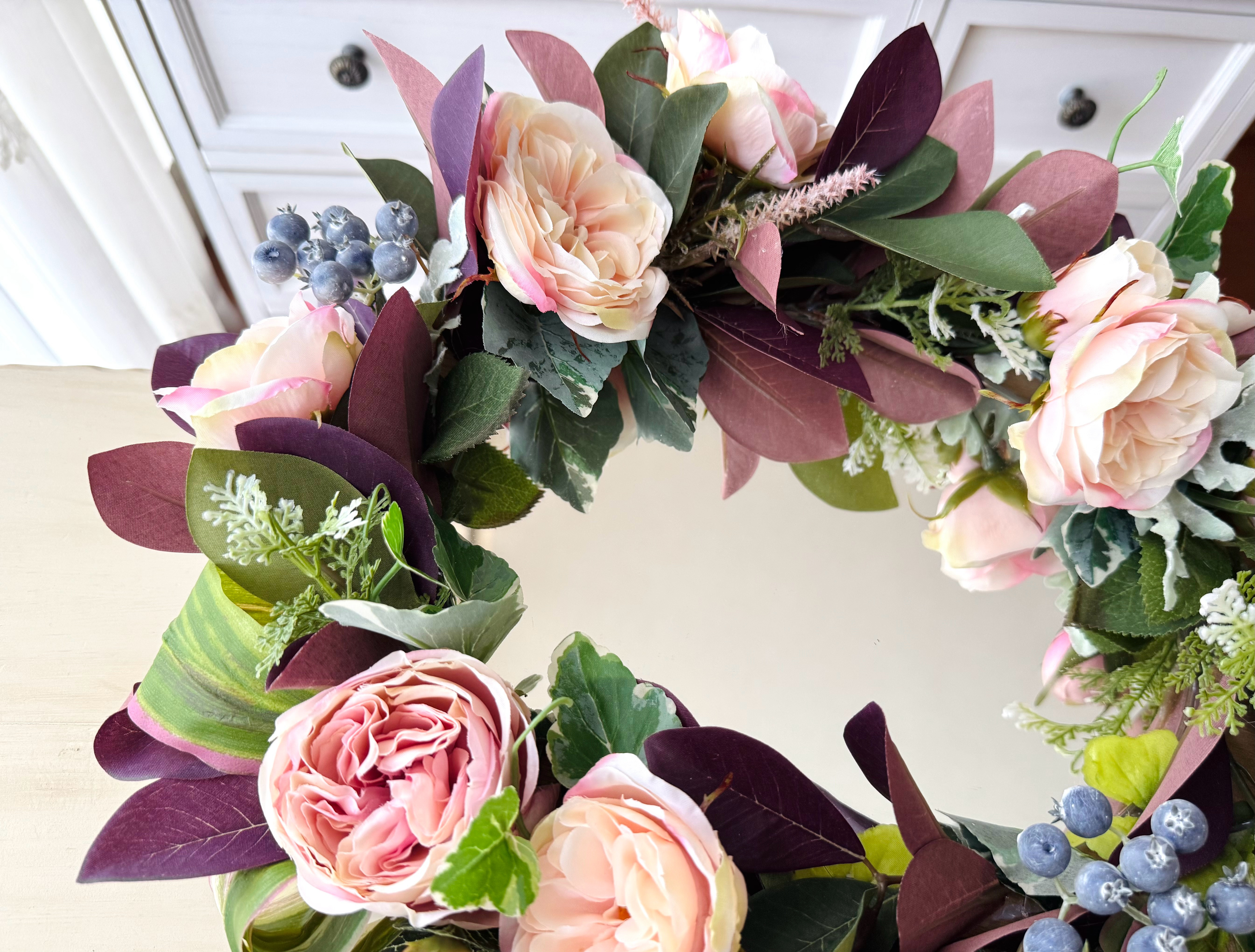 花のインテリア『リースみたいな薔薇ミラー』横長40