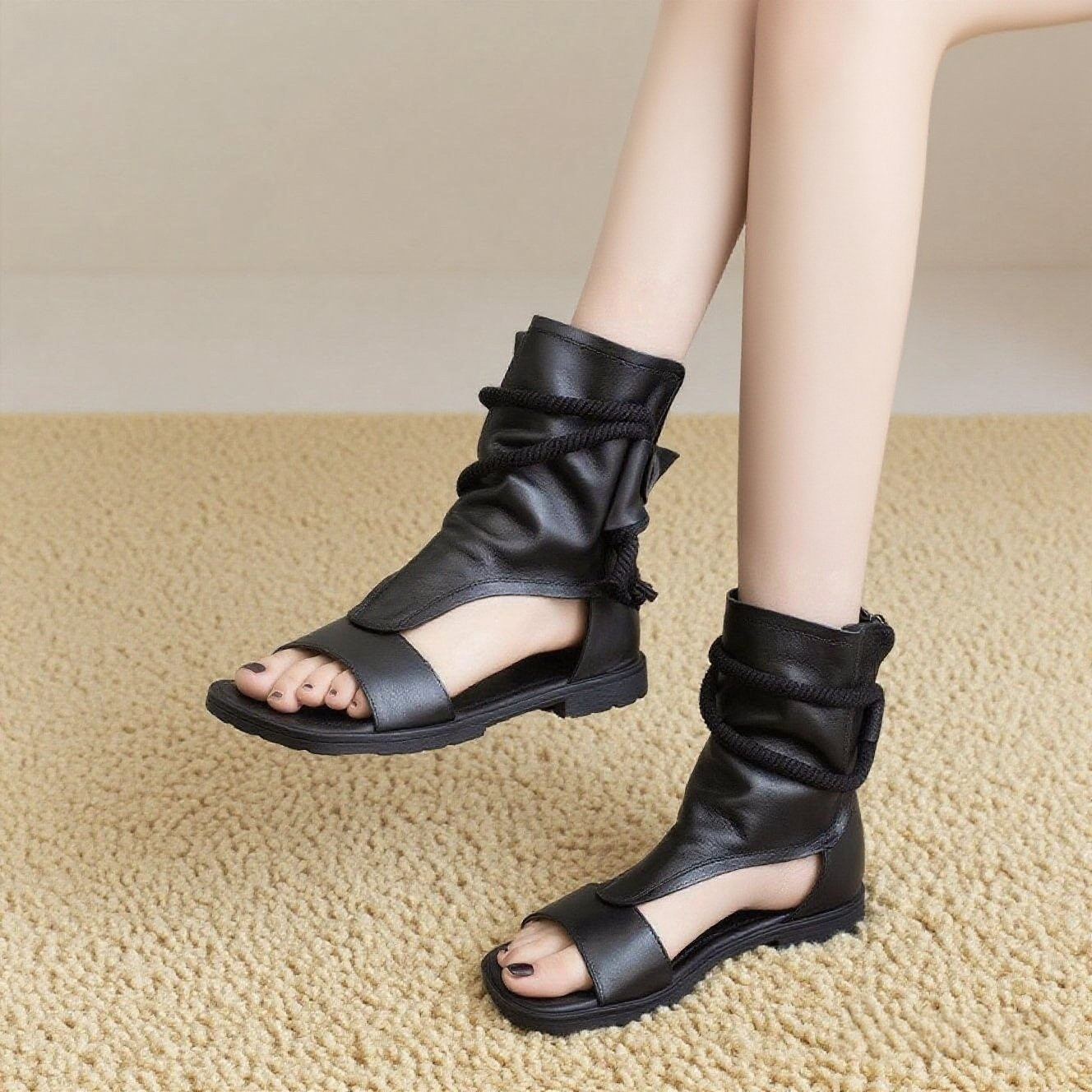 高級感たっぷり|黒/コーヒー/カラメル/3色|牛革サマーブーツ |フラットパンチングシューズ|サマーサンダル