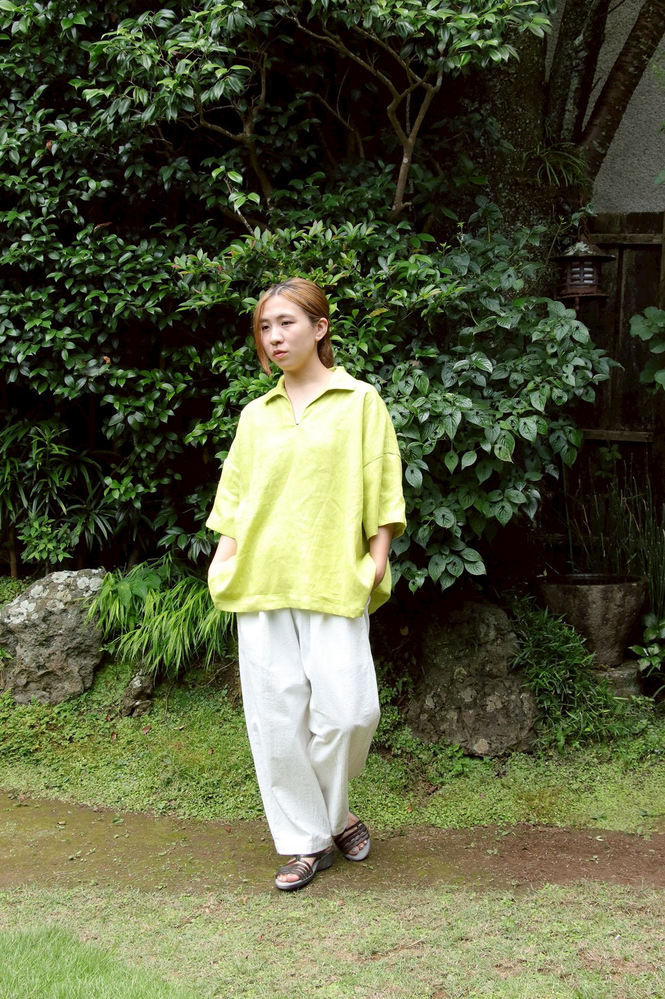 ライムカラー リネンのスキッパーシャツ