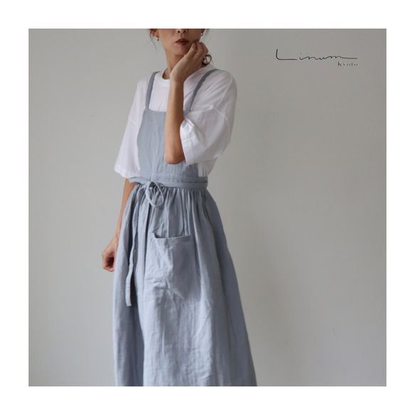【全２２色から】ふっくら厚さ2倍のとろみダブルガーゼのギャザーたっぷりエプロン／お出かけダブルガーゼエプロンワンピース 6枚目の画像