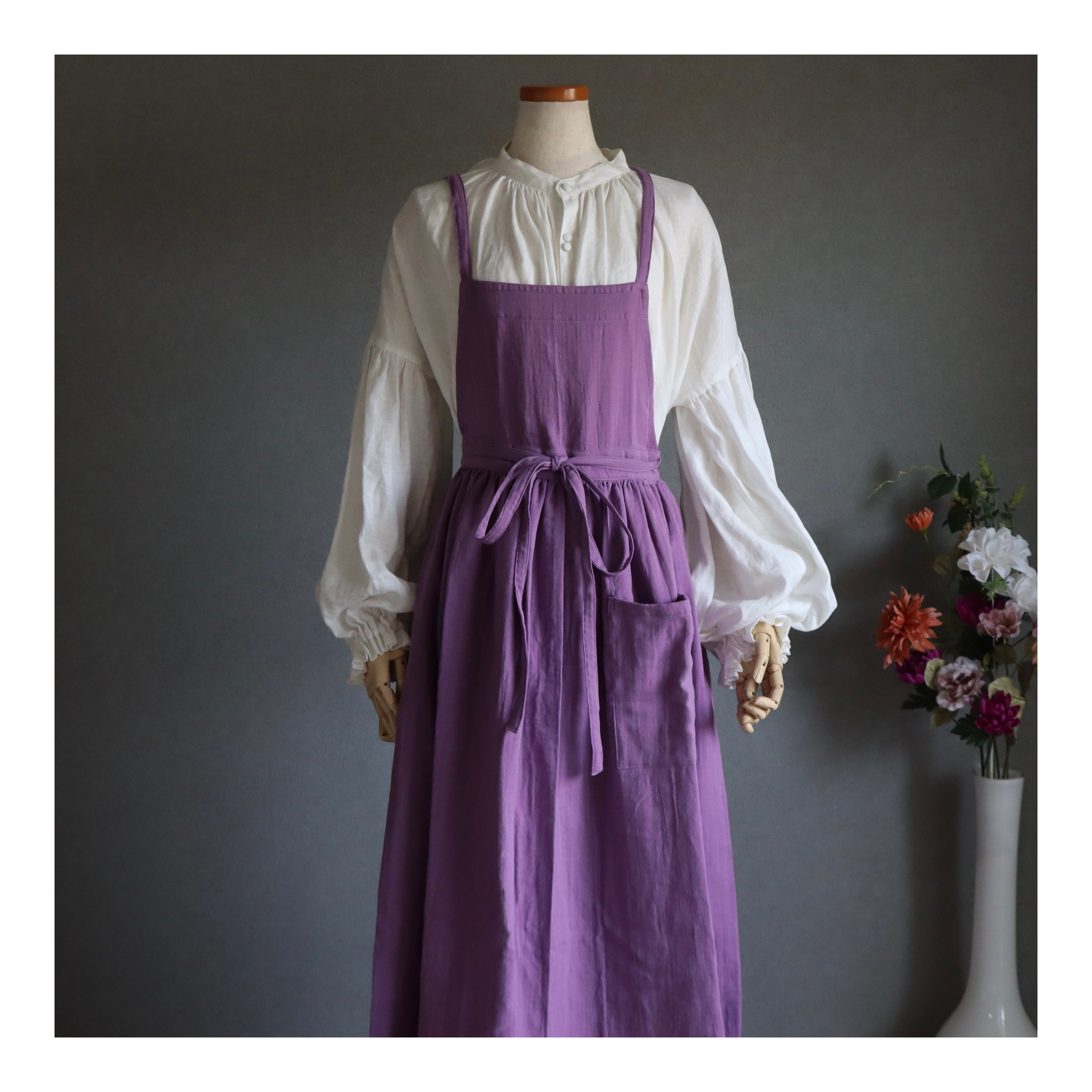 【全２２色から】ふっくら厚さ2倍のとろみダブルガーゼのギャザーたっぷりエプロン／お出かけダブルガーゼエプロンワンピース