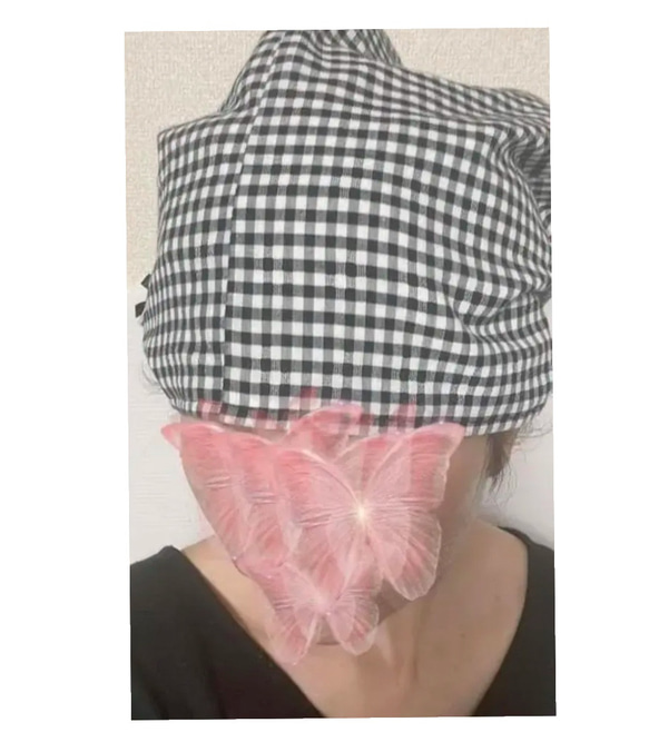 【受注制作品】C-113♥ブラックチェッ ク xMタグ♥ケア帽子＊オプション選択でエクステ付き へ変更可能＊ 9枚目の画像