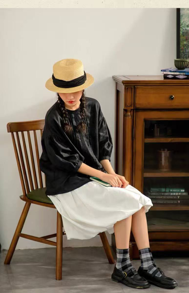 タック入りシャツブラウス 　リネン100%　七分袖