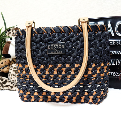 クラフトバンド＊かごバッグL/花結び✤ブラック×キャラメル かご