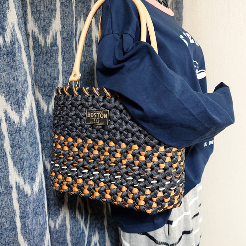 クラフトバンド＊かごバッグL/花結び✤ブラック×キャラメル