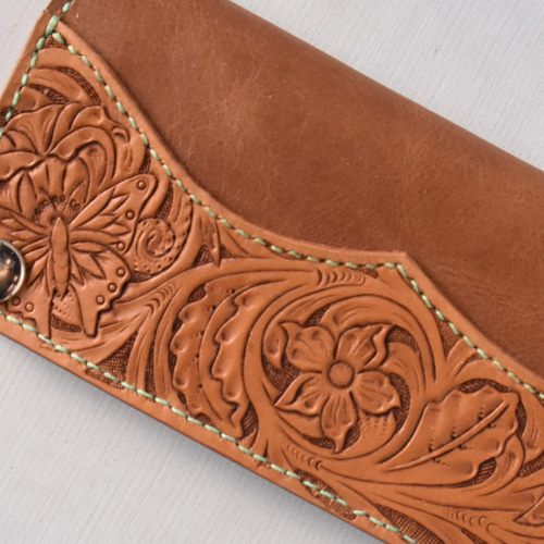 受注製作品】トラッカーウォレット 花蝶カービング 本革 牛革 薄型