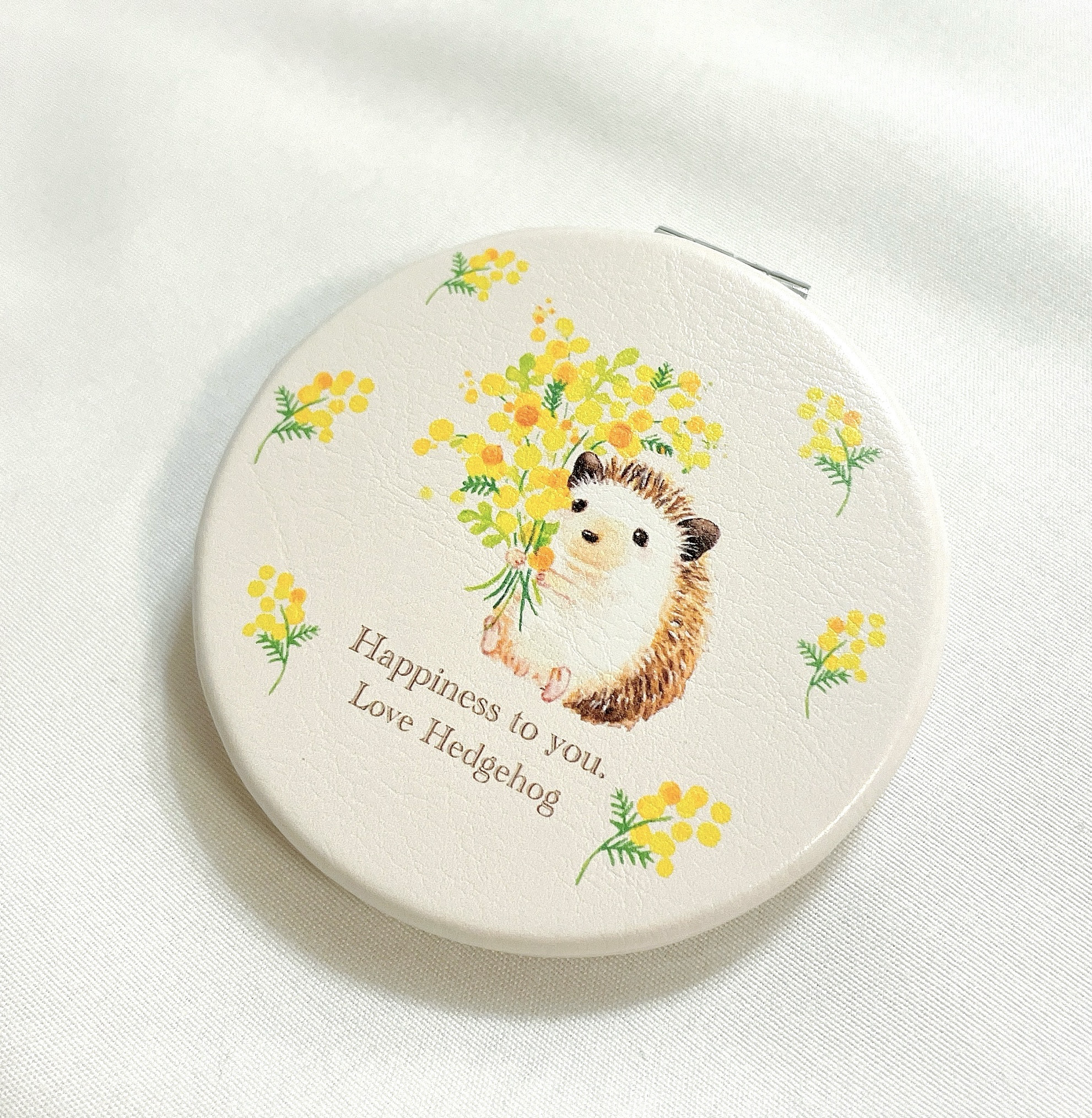 在庫なし　はりねずみ雑貨　コンパクトミラー［ミモザとハリネズミ］水彩イラスト　手鏡