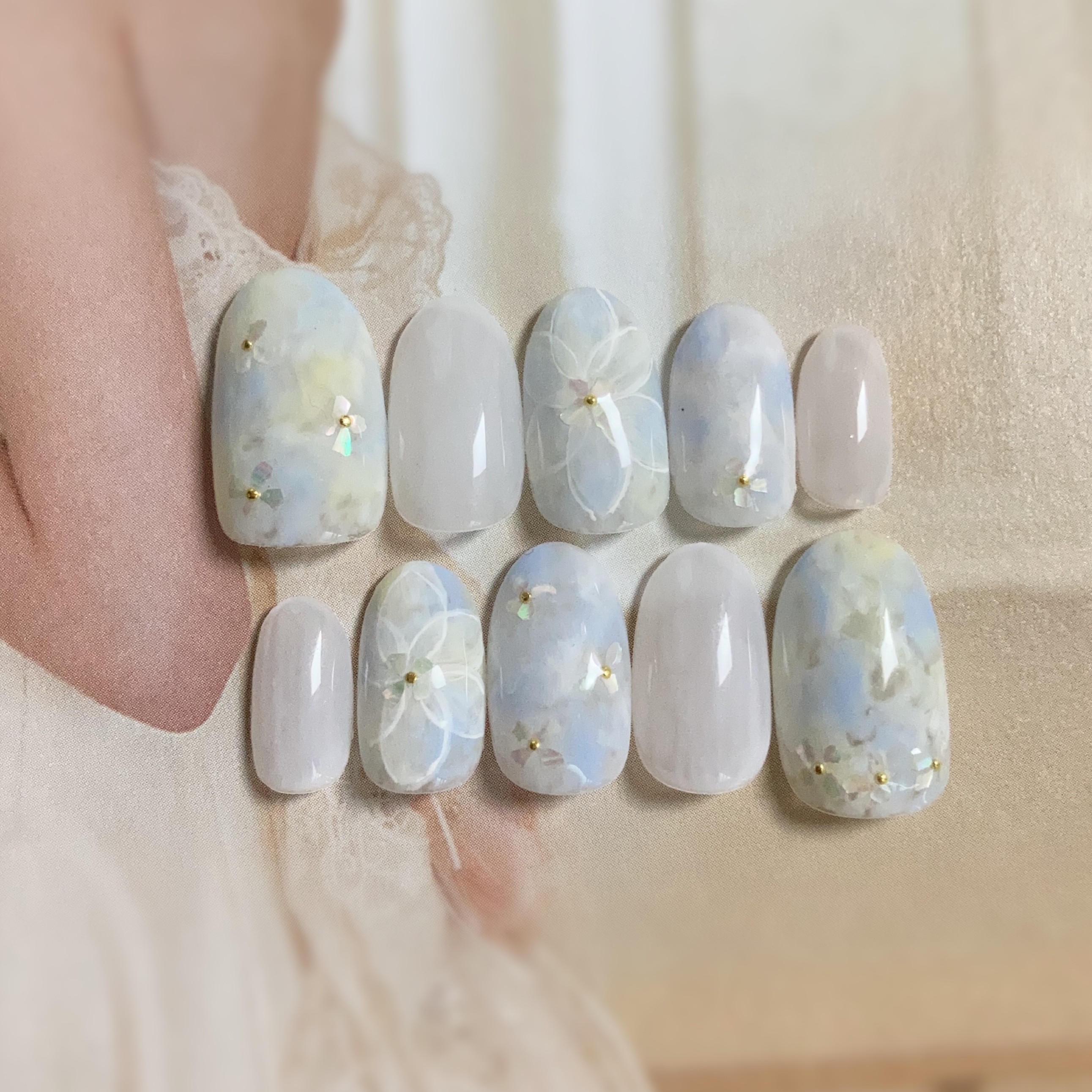 ブライダルネイルチップ ホワイトフラワーネイルチップ 結婚式ネイルチップ ブライダルネイル サムシングブルーネイルチップ