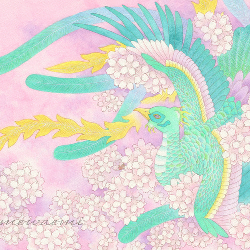 青い鳳凰青鸞の絵 B4原画販売：【花舞鸞鳥】：UVカット額縁付 絵画 梅