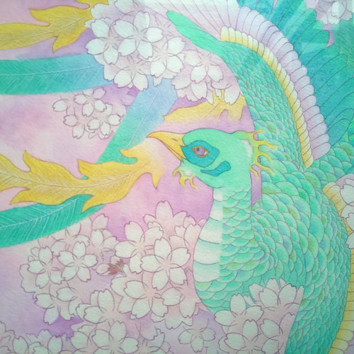 青い鳳凰青鸞の絵 B4原画販売：【花舞鸞鳥】：UVカット額縁付 絵画 梅