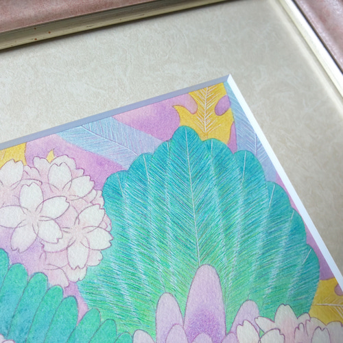 青い鳳凰青鸞の絵 B4原画販売：【花舞鸞鳥】：UVカット額縁付 絵画 梅