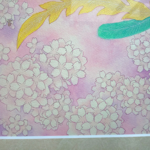 青い鳳凰青鸞の絵 B4原画販売：【花舞鸞鳥】：UVカット額縁付 絵画 梅