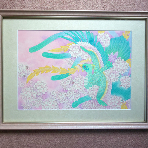 青い鳳凰青鸞の絵 B4原画販売：【花舞鸞鳥】：UVカット額縁付 絵画 梅