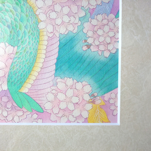 青い鳳凰青鸞の絵 B4原画販売：【花舞鸞鳥】：UVカット額縁付 絵画 梅