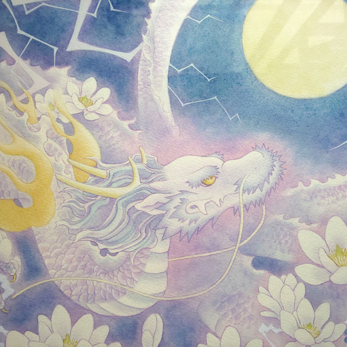 白木蓮と龍の絵 B4原画販売：かみなりに咲く花：UVカット額縁付 絵画