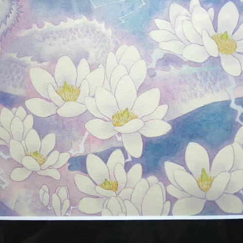 白木蓮と龍の絵 B4原画販売：かみなりに咲く花：UVカット額縁付 絵画
