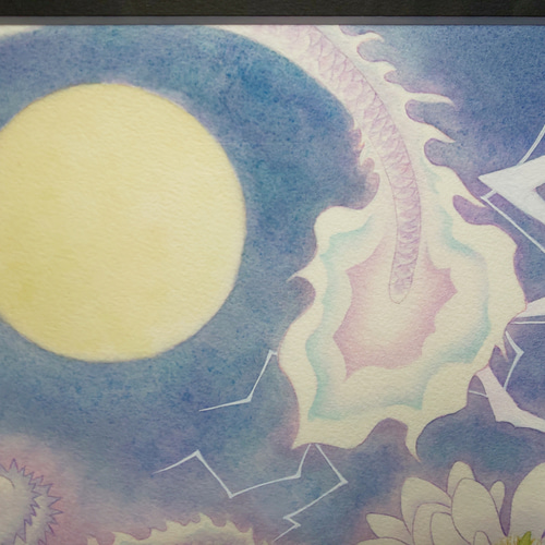 白木蓮と龍の絵 B4原画販売：かみなりに咲く花：UVカット額縁付 絵画