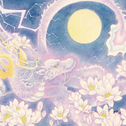 白木蓮と龍の絵 B4原画販売：かみなりに咲く花：UVカット額縁付 絵画