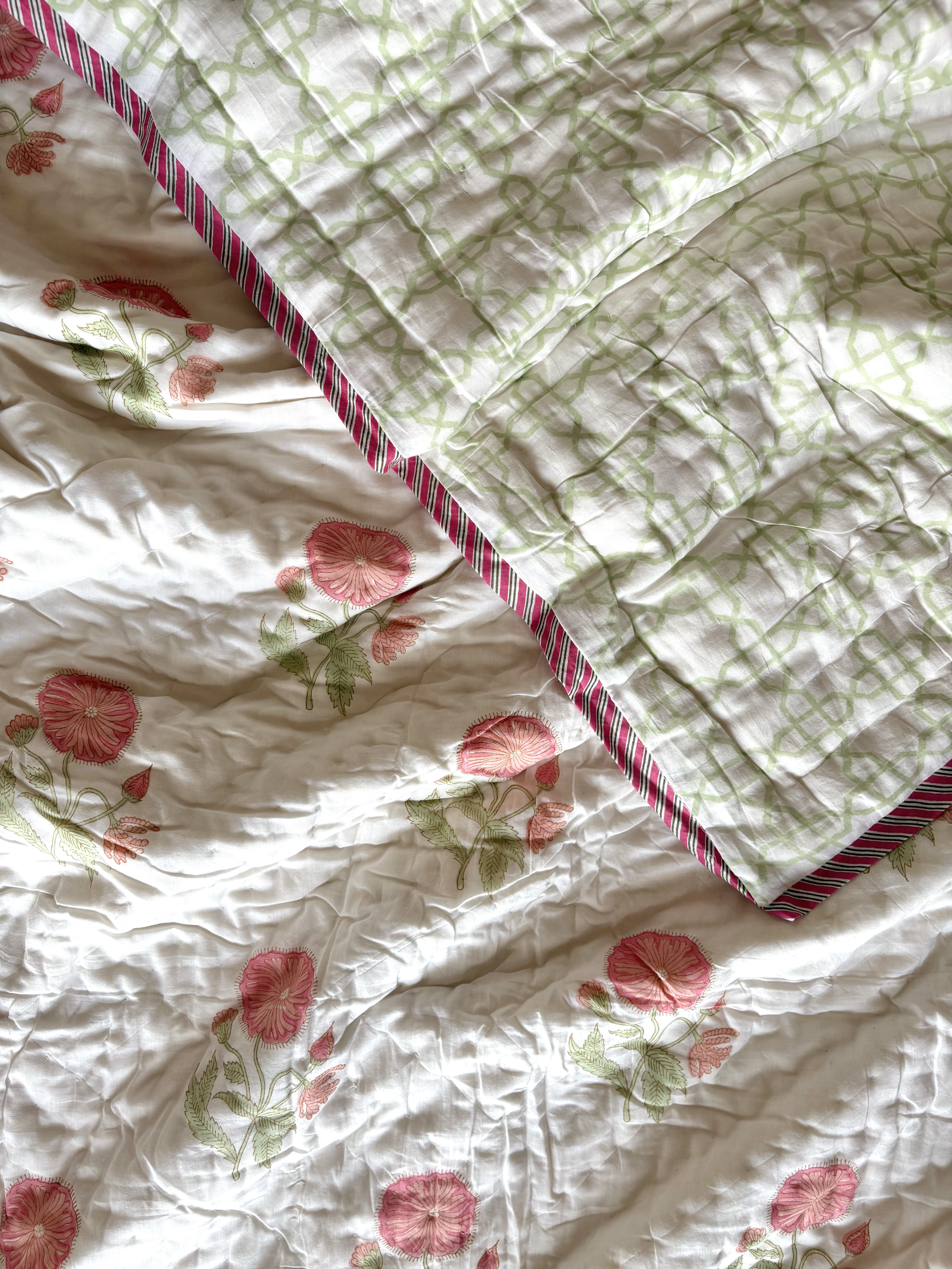 インド綿 ブロックプリント ハンドキルト布団(シングル〜セミダブル)