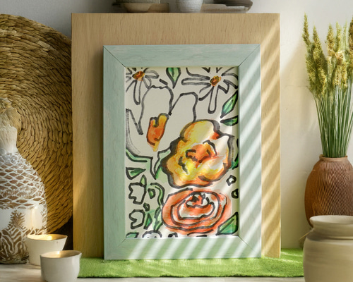 ハンドメイド】オレンジの花を水彩色鉛筆とコピックペンで描いた作品