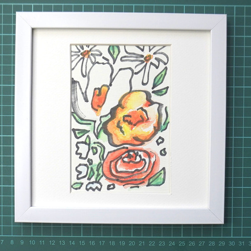 ハンドメイド】オレンジの花を水彩色鉛筆とコピックペンで描いた作品