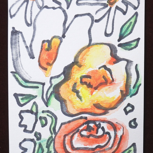 絵画ハンドメイド ハンドメイド】オレンジの花を水彩色鉛筆とコピックペンで描いた作品