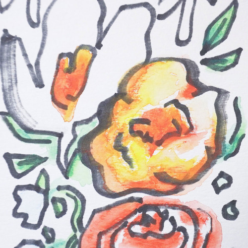 ハンドメイド】オレンジの花を水彩色鉛筆とコピックペンで描いた作品