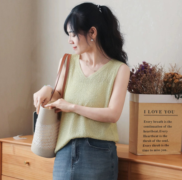 レディース ノースリーブニットベスト 夏用薄手 Vネック シンプルT